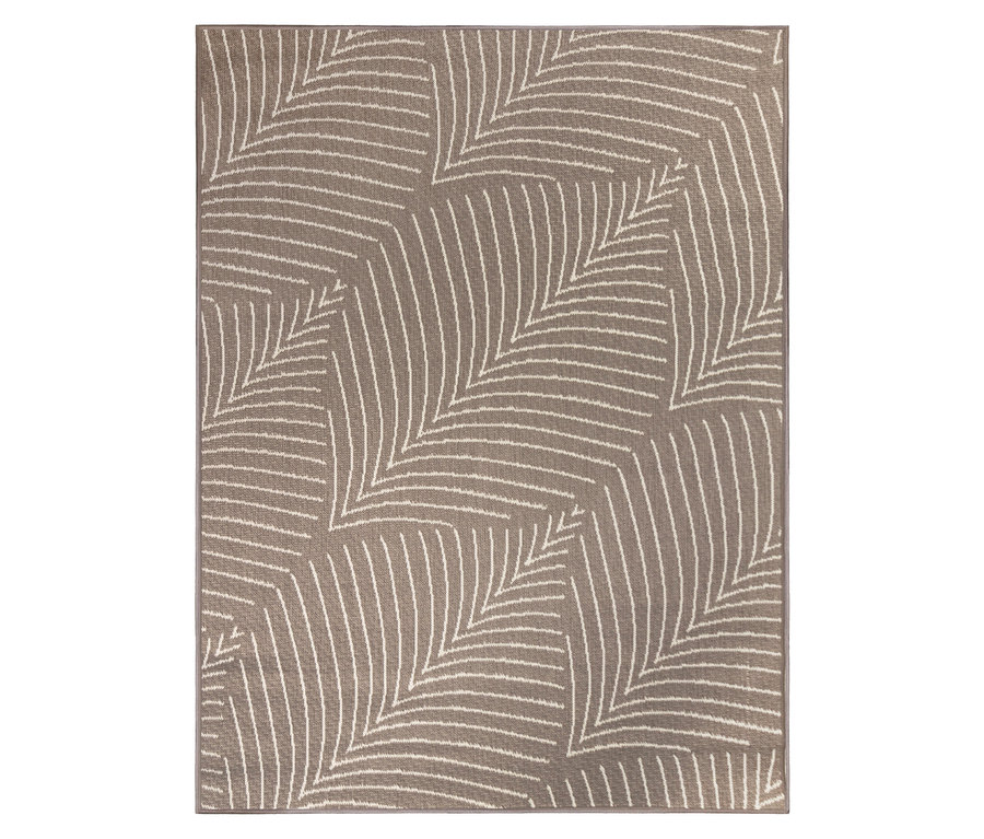 Ein Teppich mit einem Blattmuster in Braun und Weiß.