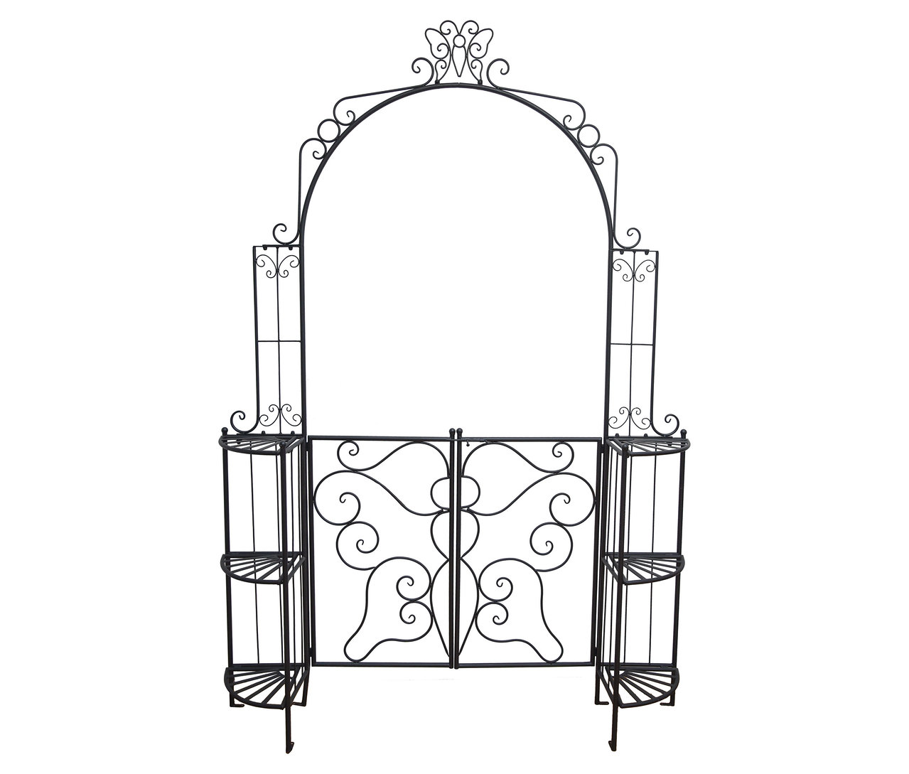 Schwarzer, dekorativer Garteneingangsbogen aus Metall mit Tor und seitlichen Regalen.