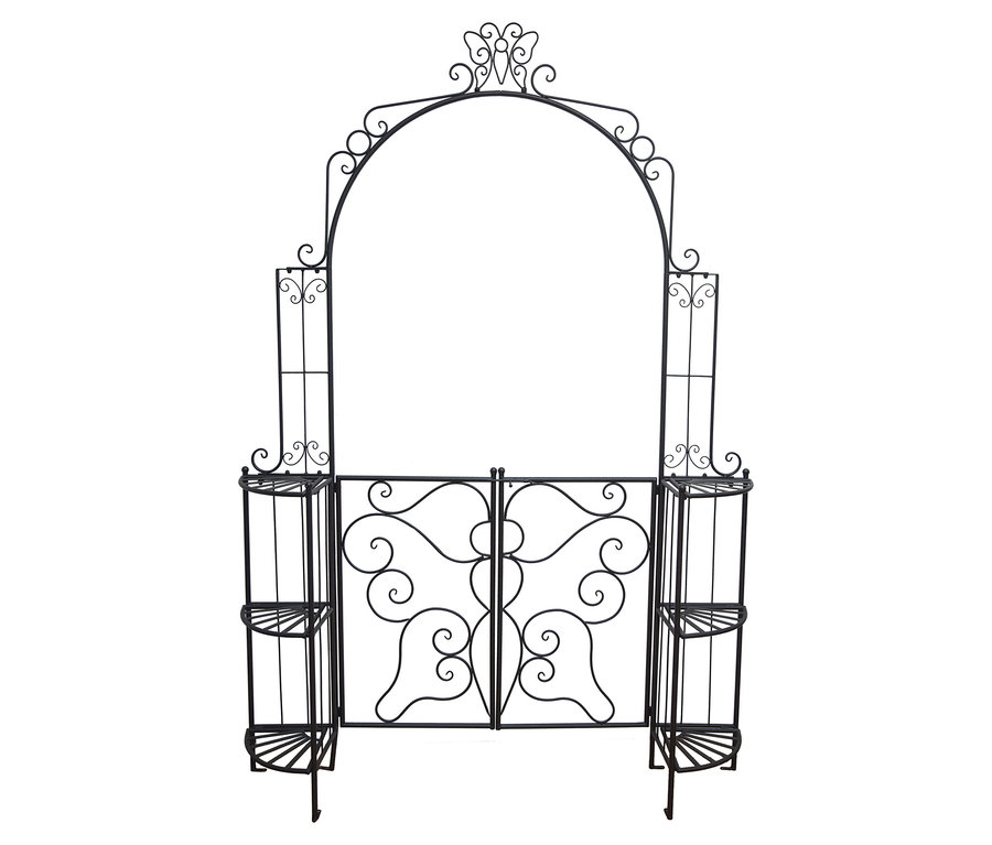 Schwarzer, dekorativer Garteneingangsbogen aus Metall mit Tor und seitlichen Regalen.