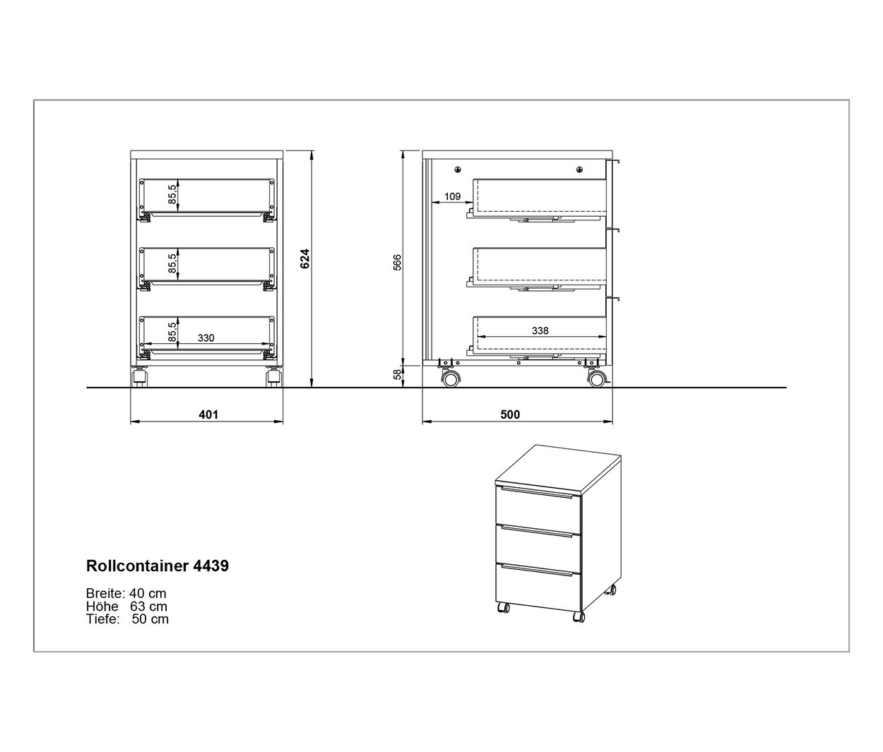 Technische Zeichnung und isometrische Darstellung des Rollcontainers »Oviedo«.