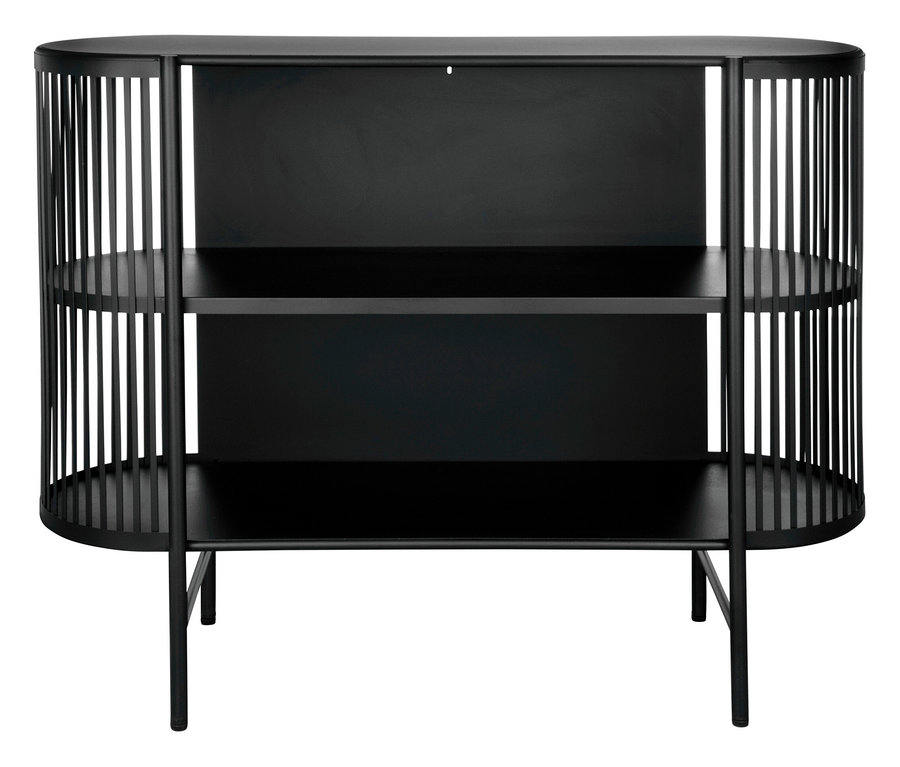 Schwarzes Regal mit drei Regalböden und vertikalen Streben an den Seiten.
