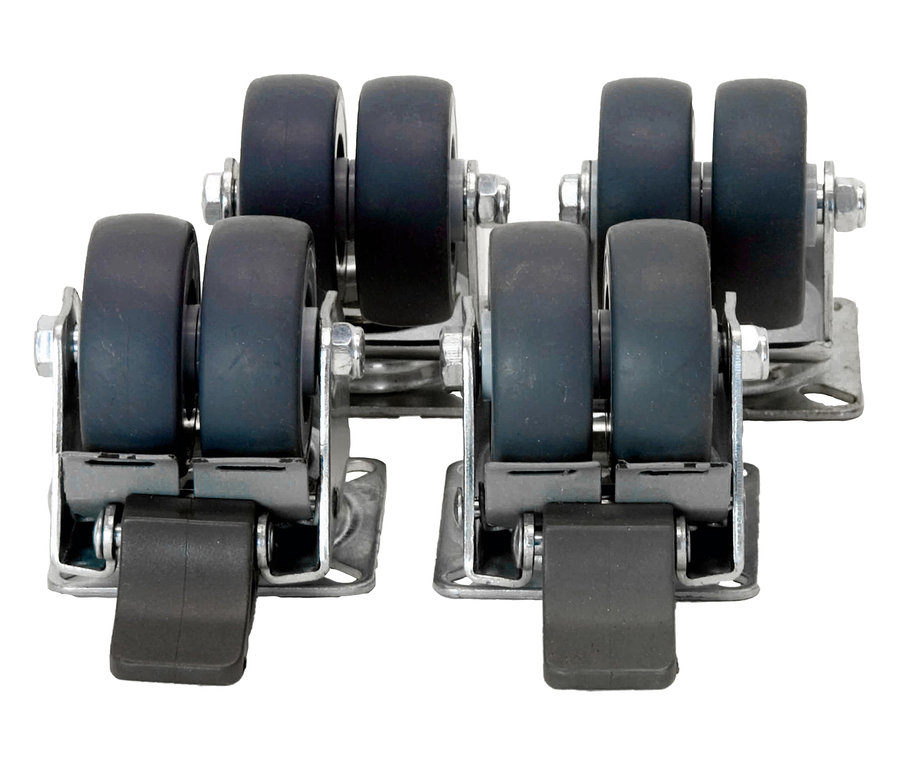 Vier Rollen mit Bremsen auf einer weißen Oberfläche.