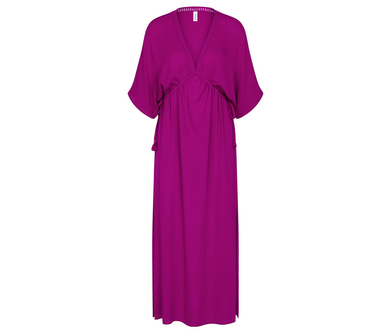 Ein magentafarbenes Triumph Beach MyWear Kaftan Maxi Dress mit V-Ausschnitt, kurzen Fledermausärmeln, geraffter Taille und seitlichen Quasten.