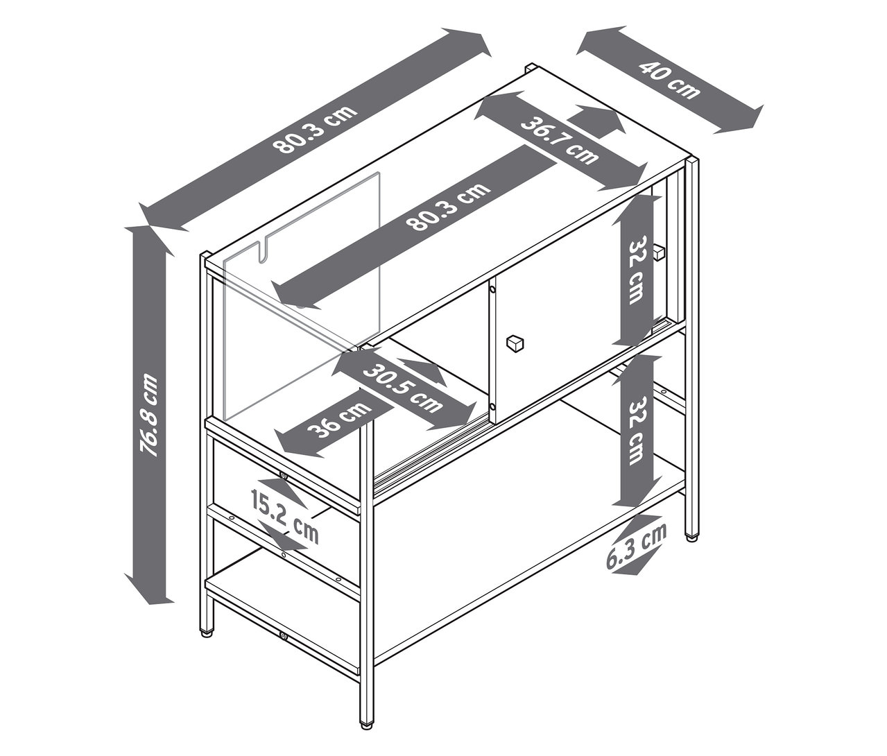 Abbildung eines Kindersideboards "GRADE" mit Schiebetüren in Holzoptik und Grau, mit Maßangaben.