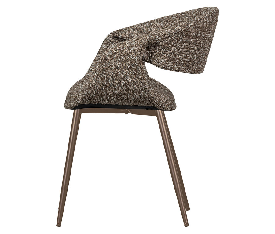 Detailansicht eines kupferbraunen WOOOD Esszimmerstuhls »Yossi« mit Metallfuß aus einem 2er-Set.