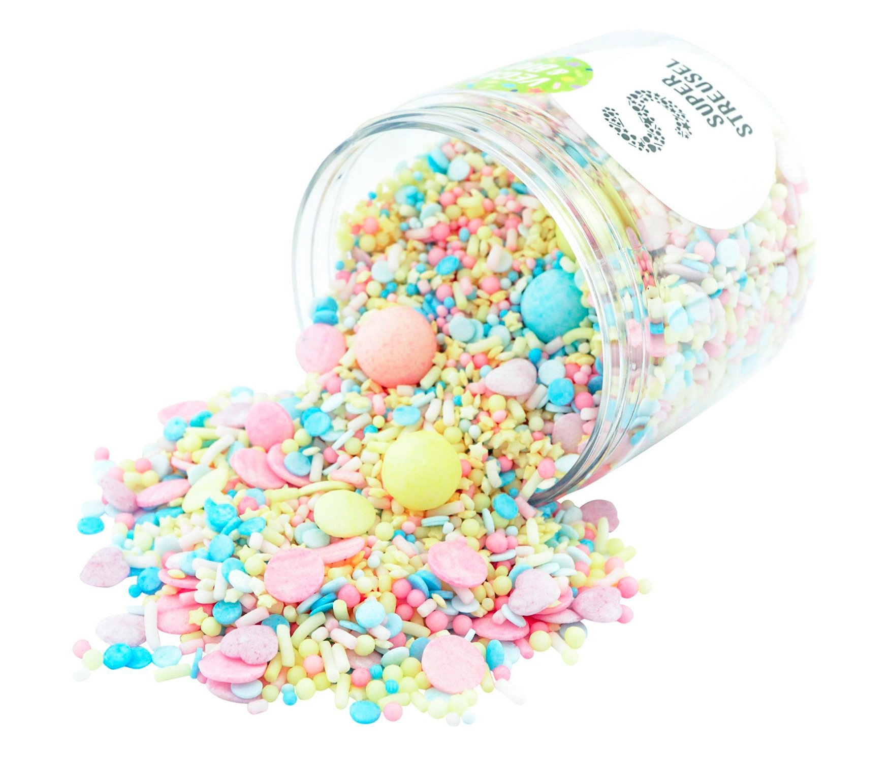 Super Streusel »HeyKleines« Zuckerstreuselmix wird aus einem durchsichtigen Behälter geschüttet.