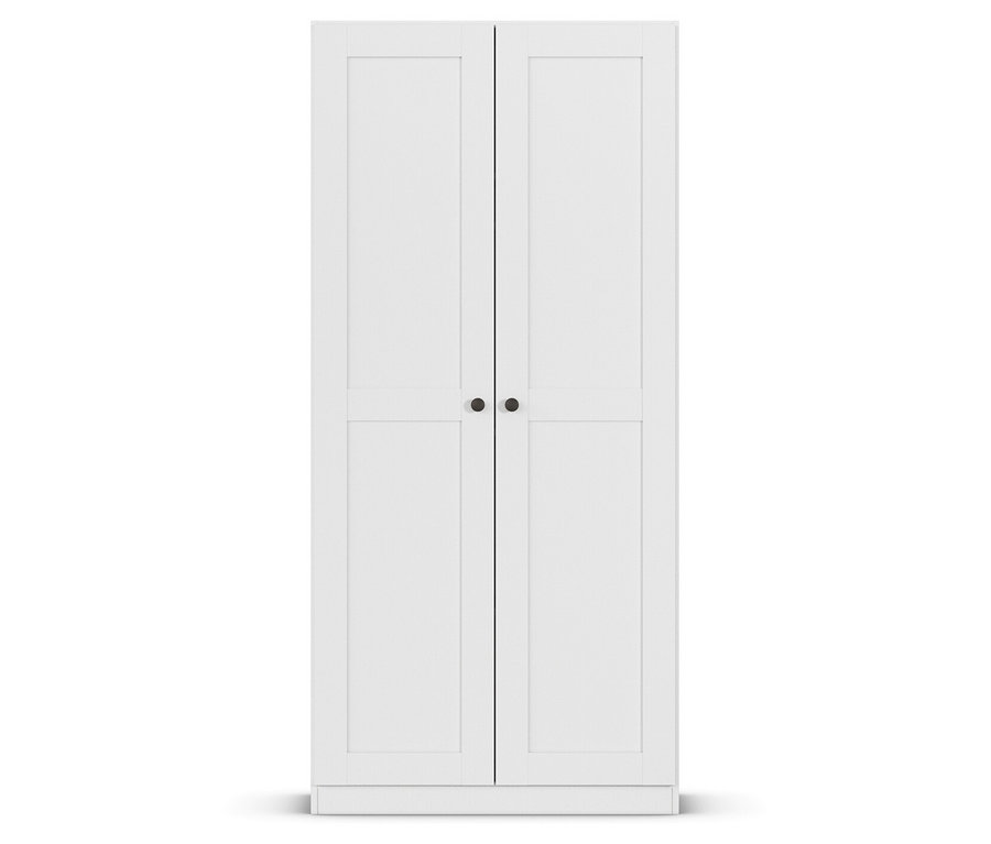 Weißer Kleiderschrank mit zwei Türen und schwarzen runden Griffen.