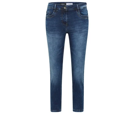 Dunkelblaue CECIL Jeans »Scarlett« mit leicht verwaschenem Look und fünf Taschen.