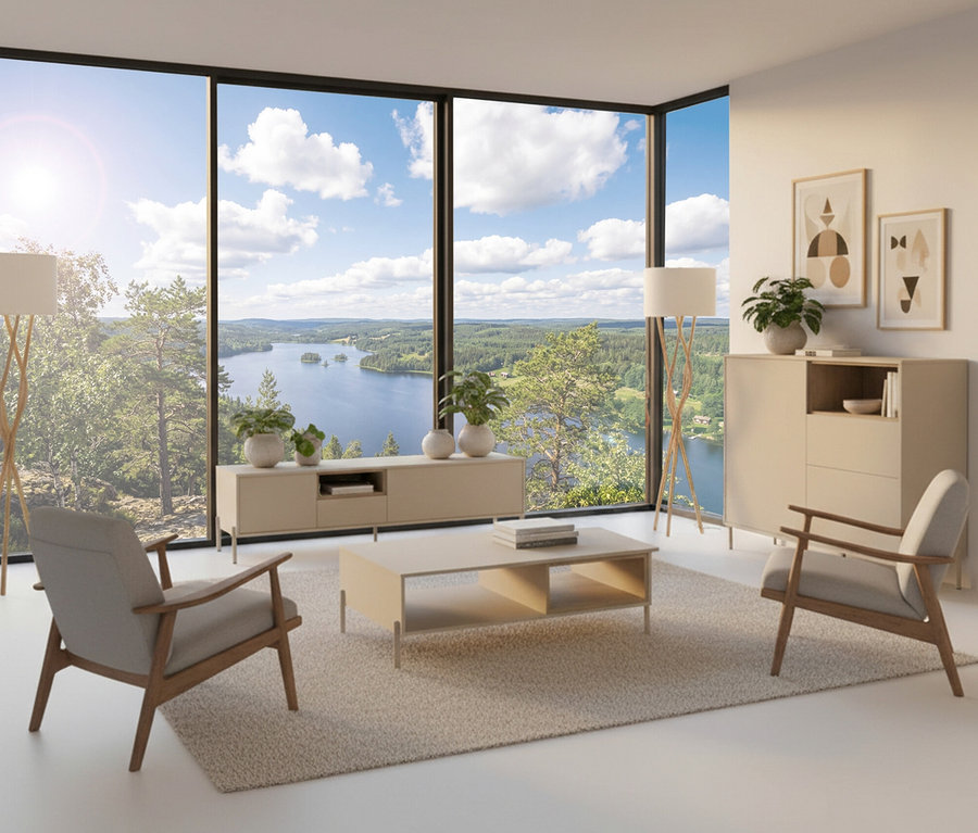 Wohnzimmer mit zwei Sesseln, Couchtisch, Lowboard "Hygge" in Kaschmir-Weiß und Highboard »Hygge« mit zwei Türen in Kaschmir-Weiß vor Fenster.