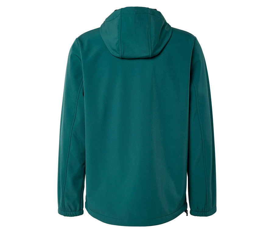 Rückenansicht einer dunkelpetrolfarbenen Kapuzenjacke mit langen Ärmeln und elastischen Bündchen, mit einem kleinen Reißverschluss am unteren rechten Saum.