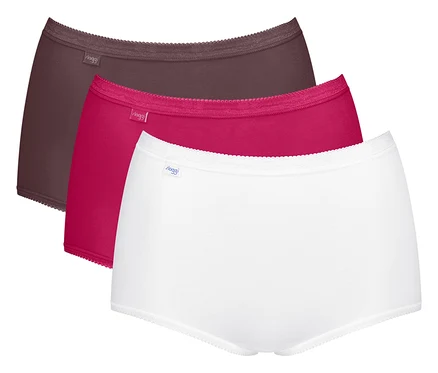 Drei gestapelte Damen-Slips in Weiß, Pink und Dunkelbraun, jeweils mit einem kleinen Sloggi-Etikett am Bund.