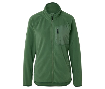 Grüne Fleecejacke mit durchgehendem Reißverschluss und einer Brusttasche mit Reißverschluss.