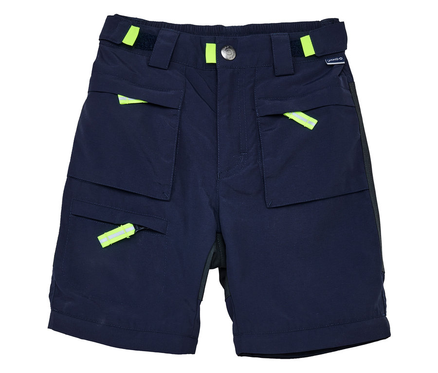 Marinefarbene JAKO-O Zipp-off-Hose mit Taschen und neonfarbenen Akzenten.