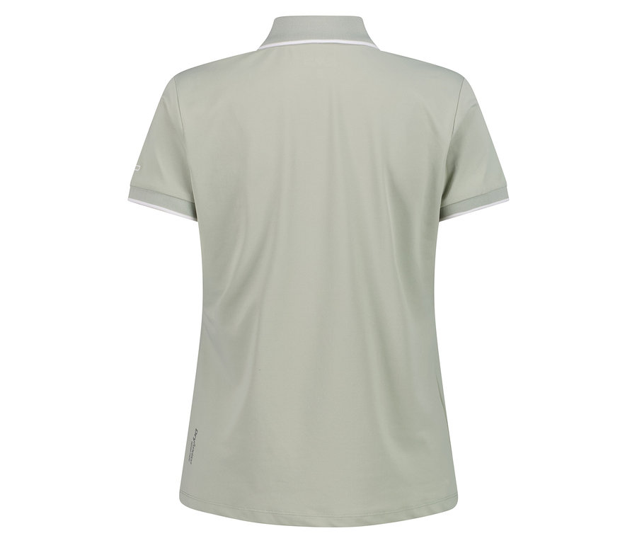 Rückansicht eines hellgrünen Poloshirts mit weißen Akzenten an Kragen und Ärmeln.