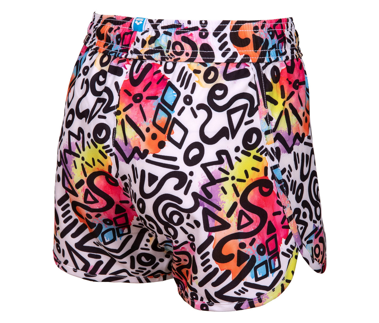 Weiße Shorts mit bunten, abstrakten Mustern.
