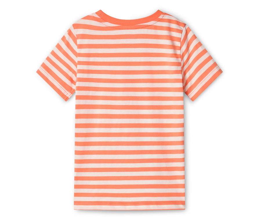 Rückansicht eines orange-weiß gestreiften T-Shirts.