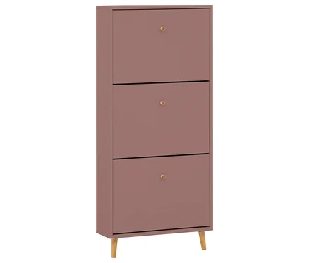 Ein schmaler, rosafarbener Schuhschrank mit drei Fächern und goldenen Knöpfen.