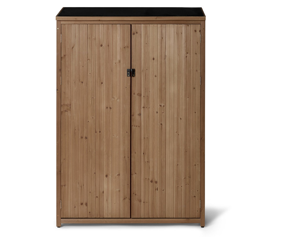 Ein hoher, rechteckiger Holzschrank mit zwei Türen, einer dunklen, flachen Oberseite und einem dunklen Metallverschluss in der Mitte.