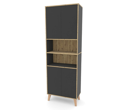 Hoher Schrank mit grauen Türen, zwei offenen Regalen und hellbraunen Holzdetails.