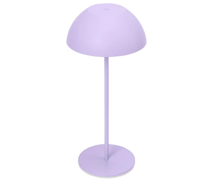 Lila Stehlampe mit rundem Lampenschirm auf weißem Hintergrund.