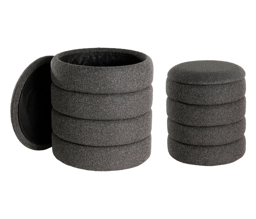 Graue, runde Kissen sind in zwei Stapeln angeordnet, wobei der linke Stapel teilweise offen ist.