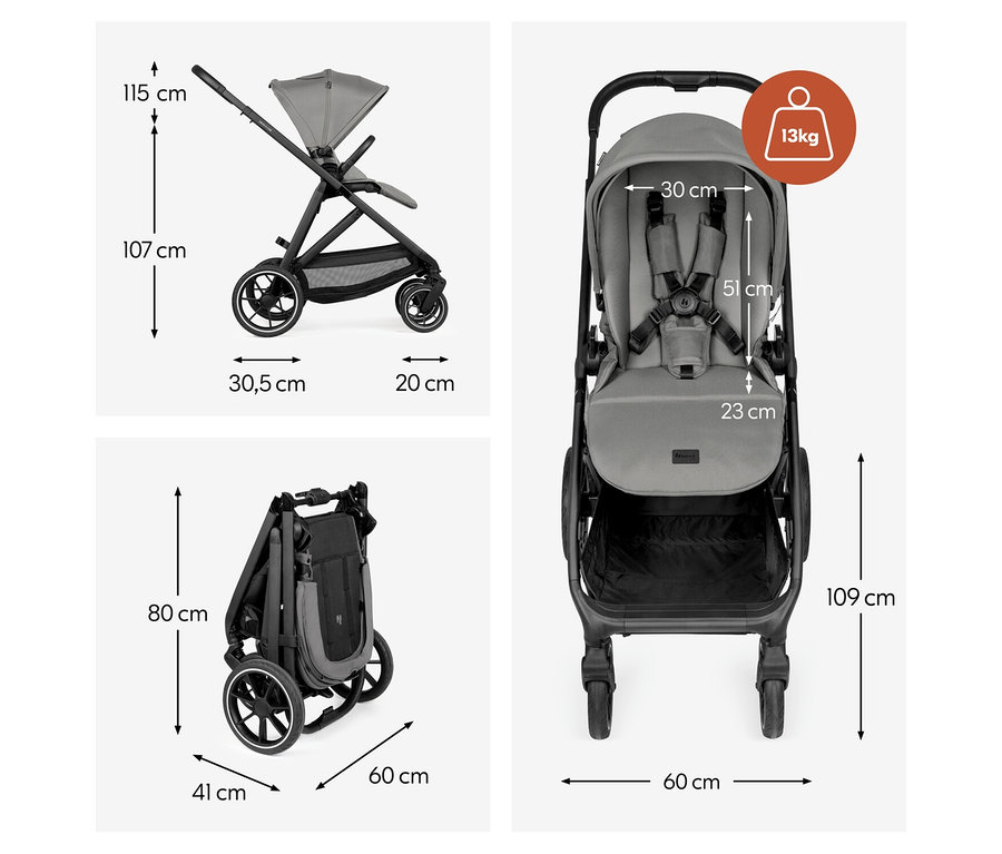 Drei Ansichten eines grauen Kinderwagens mit Maßen: Seitenansicht ausgeklappt (115 cm hoch), Seitenansicht zusammengeklappt (80x41x60 cm) und Vorderansicht (109 cm hoch, 60 cm breit, 13 kg Gewicht).