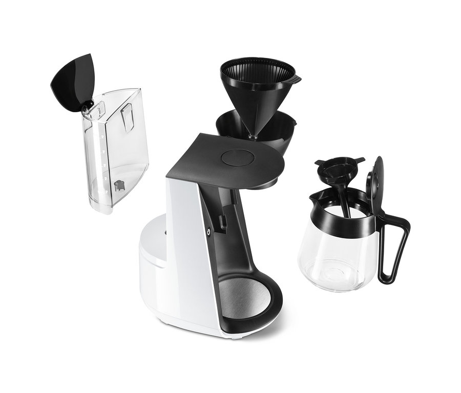 Weiße »Let's Brew« Filterkaffeemaschine mit abnehmbaren Komponenten.