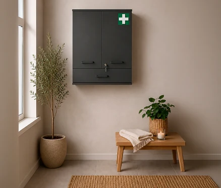 Anthrazitfarbener Medizinschrank »Galeno« mit 2 Türen, 1 Schublade und Erste-Hilfe-Symbol an beiger Wand, daneben Fenster und Pflanzen.