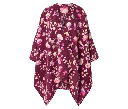 Burgunderroter Poncho mit V-Ausschnitt und floralem Muster in Rosa-, Lila- und Cremetönen.