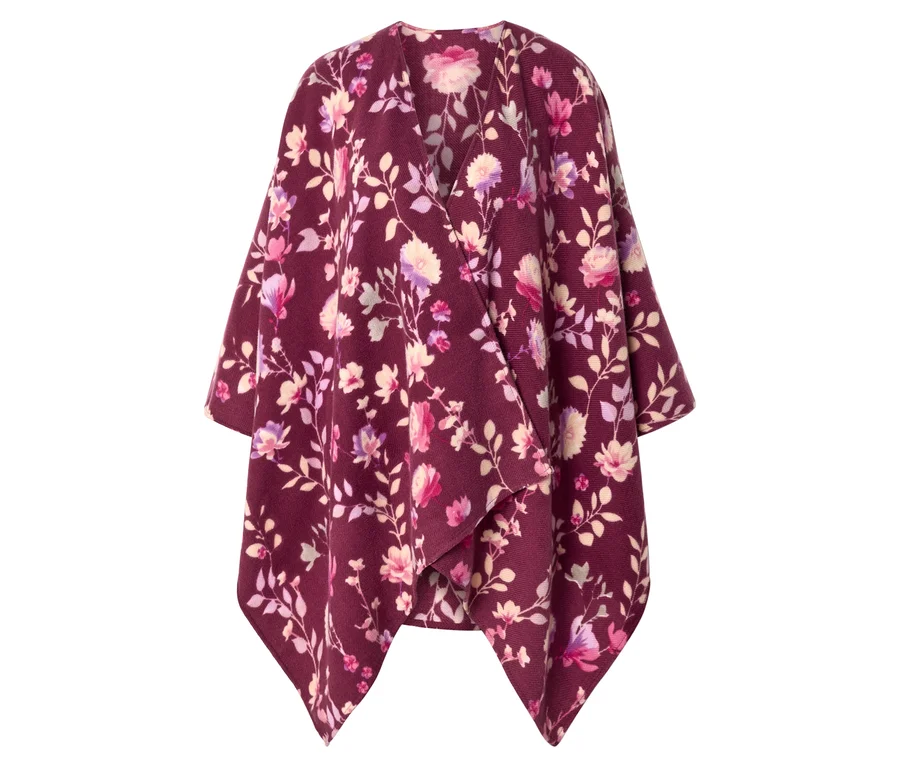 Burgunderroter Poncho mit V-Ausschnitt und floralem Muster in Rosa-, Lila- und Cremetönen.