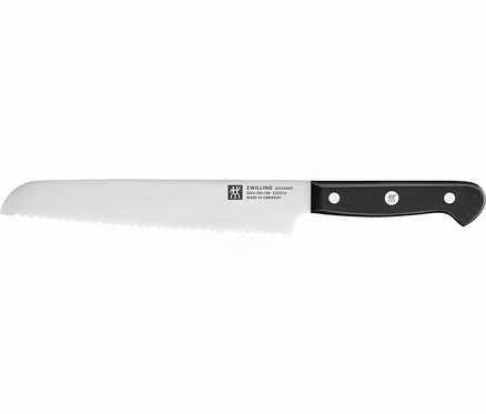 ZWILLING Gourmet Brotmesser, 20 cm, mit silberner Wellenschliffklinge und schwarzem Griff mit drei Nieten, horizontal liegend.