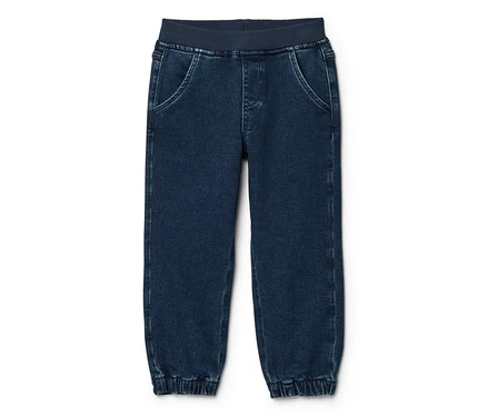 Dunkelblaue Jeans-Jogginghose mit elastischem Rippbund und elastischen Rippbündchen an den Knöcheln.