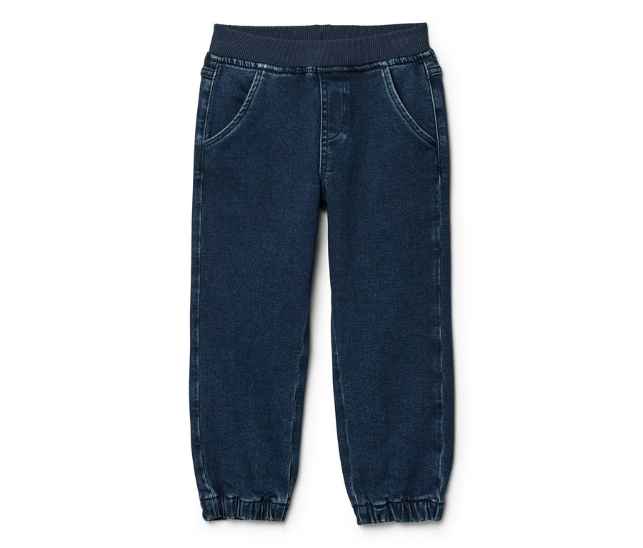 Dunkelblaue Jeans-Jogginghose mit elastischem Rippbund und elastischen Rippbündchen an den Knöcheln.