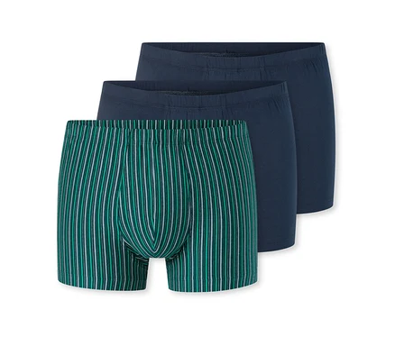 Drei SCHIESSER Shorts: eine grün-weiß gestreifte und zwei dunkelblaue.