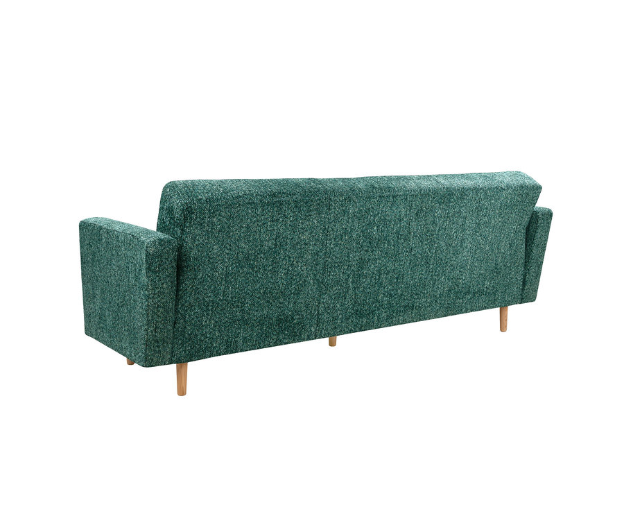 Rückansicht des grünen 3-Sitzer Schlafsofas „Janny“ mit Holzbeinen.