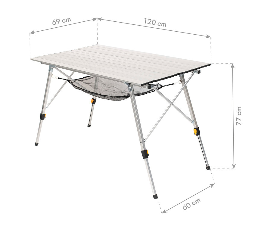 Silberner faltbarer Campingtisch mit Lattenplatte und schwarzem Netz unter der Tischplatte. Maße: 120 cm lang, 69 cm breit, 77 cm hoch.