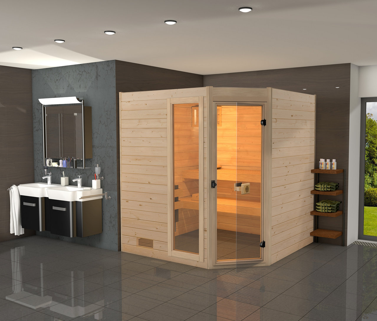 Modernes Badezimmer mit einer WEKA-Massivholz-Liegesauna mit Eckeinstieg in der Mitte, Glasfront und beleuchtetem Innenraum. Links ein Doppelwaschtisch mit Spiegelschrank, rechts Regale mit Handtüchern.
