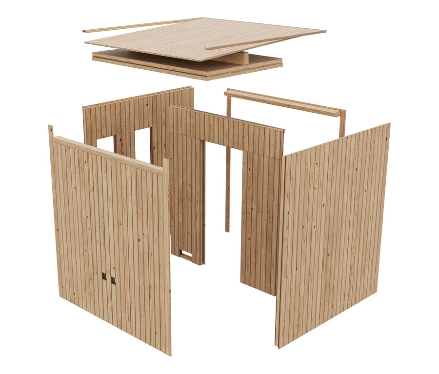 Zerlegte Einzelteile des Karibu Homeoffice-Gartenhauses Valentin, mit Holzwänden und Dachplatten.