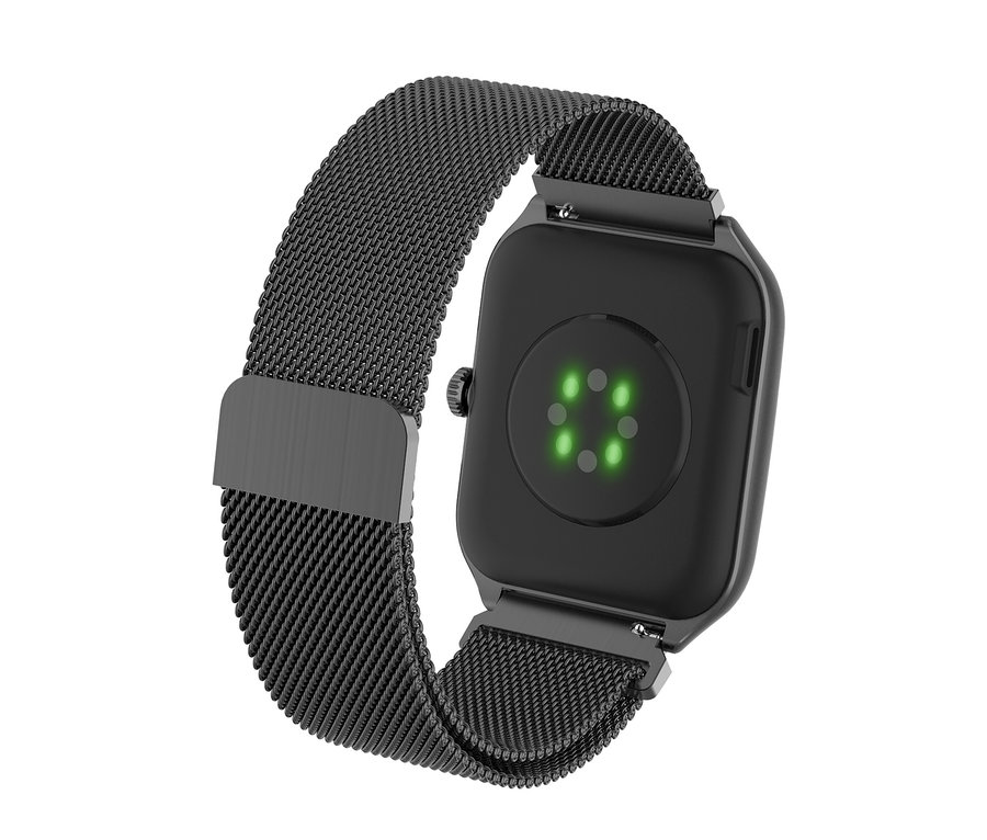 Schwarze Smartwatch mit quadratischem Gehäuse, die Rückseite mit grün leuchtenden Herzfrequenzsensoren und einem schwarzen Milanaise-Armband mit Magnetschließe.
