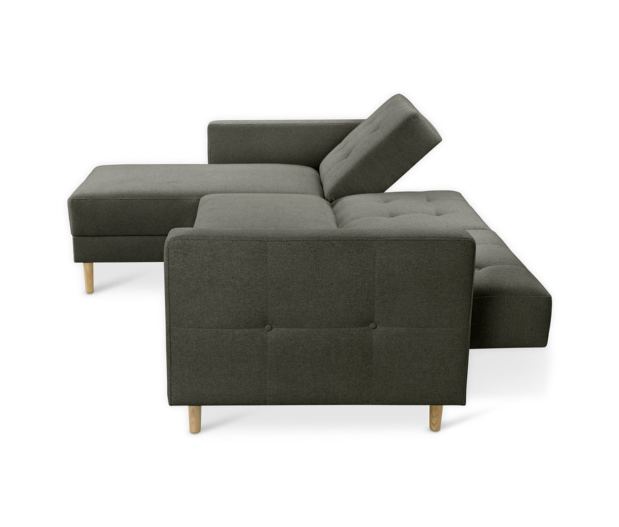 Dunkelgraues Federkern-Eckschlafsofa »Just Relax« mit ausgefahrener Liegefläche und hochgeklappter Rückenlehne, auf Holzfüßen.