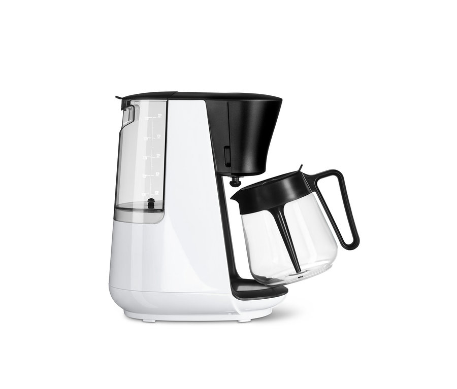 Weiße »Let's Brew« Filterkaffeemaschine mit abnehmbarer Glaskanne.