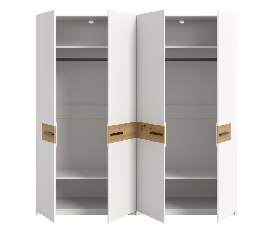 Weißer xonox Kleiderschrank Skagen mit vier geöffneten Türen, hellen Holz-Akzenten und dunklen Griffen. Innen sind weiße Regalböden und Kleiderstangen sichtbar.