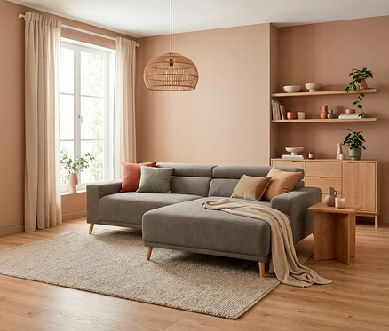Modernes Wohnzimmer mit einer L-förmigen grauen Couch, die mit Kissen und einer Decke dekoriert ist, auf einem hellen Teppich vor einem Fenster mit Vorhängen. Eine Rattan-Pendelleuchte hängt von der Decke, und eine Holzkommode mit Regalen und Pflanzen steht an der Wand.