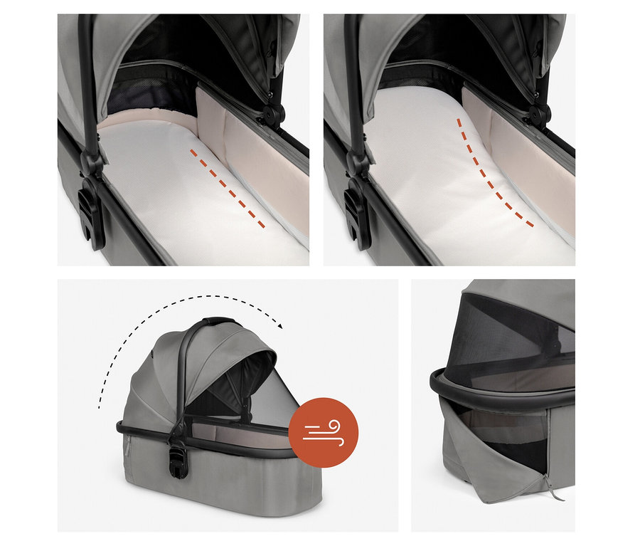 Vier Detailansichten des Hauck Kombi-Kinderwagens »Grow N Care Set«. Oben links zeigt das Innere der Babywanne mit flacher Matratze. Oben rechts ist die Matratze leicht angewinkelt. Unten links ist die Babywanne mit geöffnetem Verdeck und Belüftungsfenster zu sehen, daneben ein Wind-Symbol. Unten rechts zeigt ein seitliches Belüftungsfenster mit Reißverschluss.