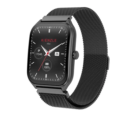 Schwarze Smartwatch mit quadratischem Zifferblatt und schwarzem Milanaise-Armband, zeigt "KIENZLE 1822", Datum "25", Akku "100%" und "17245" an.