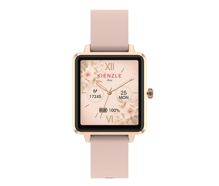 Quadratische Smartwatch in Roségold mit hellrosa Armband. Das Display zeigt ein florales Muster, die Marke Kienzle, römische Ziffern, Uhrzeit, Datum, Batteriestand und eine Benachrichtigungsanzahl.