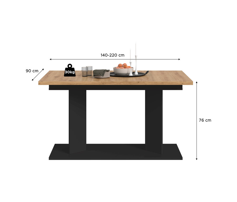 xonox Esstisch »Victor« XL mit ausziehbarer Holzoptik-Tischplatte und schwarzem Gestell, darauf Geschirr, Gläser und Obst. Maße 140-220x90x76 cm, 30kg Belastbarkeit.