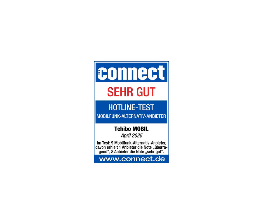 Logo von Connect mit dem Text "SEHR GUT" für Tchibo MOBIL Tarife.