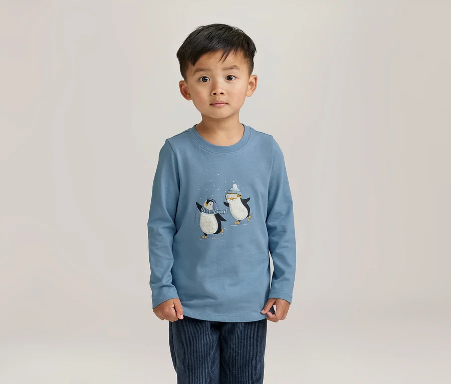 Ein kleiner Junge steht da und trägt ein hellblaues Langarmshirt mit zwei eislaufenden Pinguinen und einer dunkelblauen Hose.