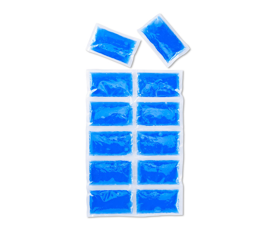 Zwei einzelne und ein verbundenes XL-Kühlpad mit blauer Flüssigkeit gefüllt.